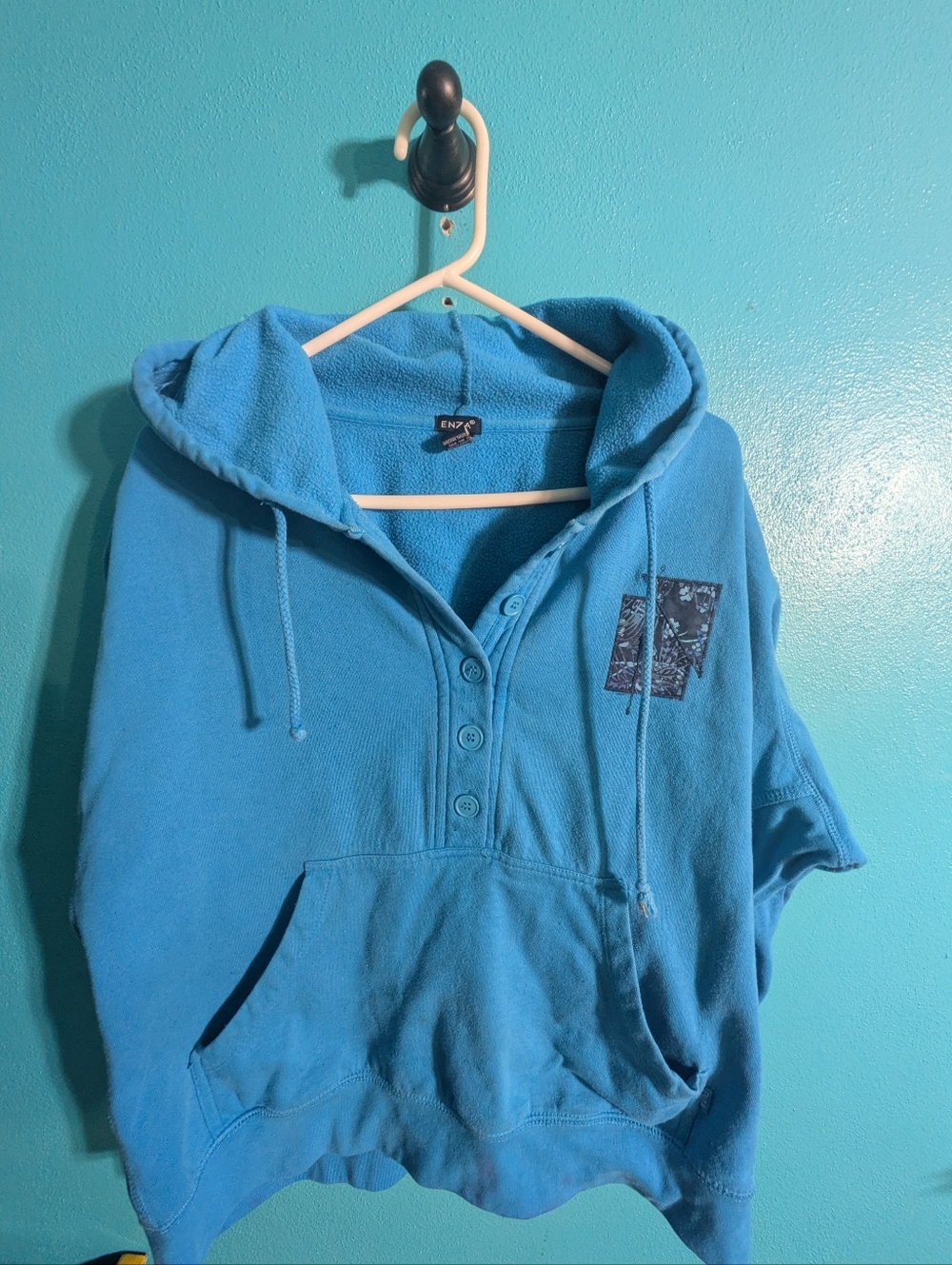 ENZ Blue Pullover‎ Kangaroo Hoodie with Button Placket